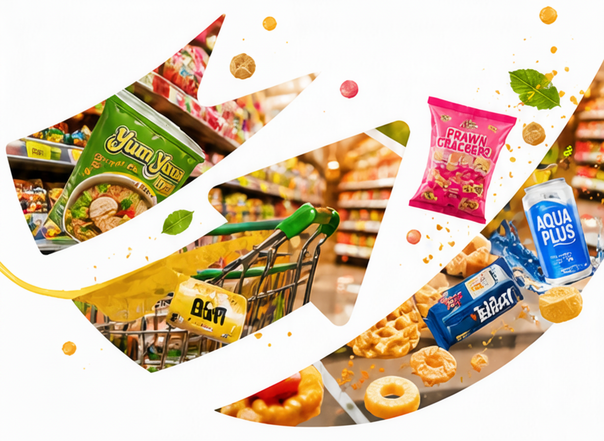 FMCG products bursting from a shopping trolley with gold swooshes — symbolising brand growth