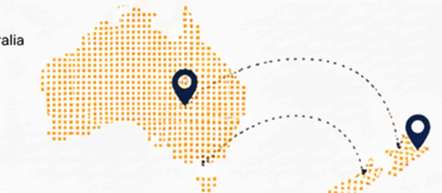 Dotted gold map of Australia and New Zealand showing Alliance Trading distribution coverage